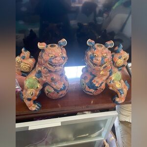 Vintage Japanese Foo Dog Statues Pair | Hand Painted Ceramic Lions